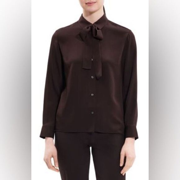 Theory Moder Tie Neck Silk Button-Up Blouse in Mink - Picture 1 of 6